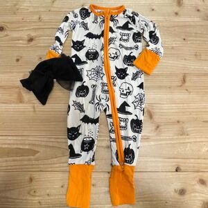 Little Sleepies Halloween Print Footed Sleeper Set 3-6 Months, Cat‎ Headband